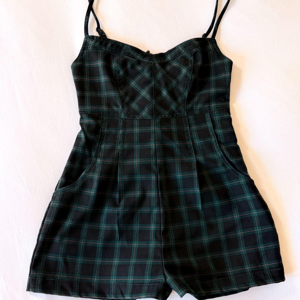 Urban Outfitters Green Plaid Corset Romper Womens Size S Dark Academia Twee